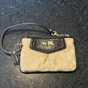 Coach Signature Tan and Black Wristlet